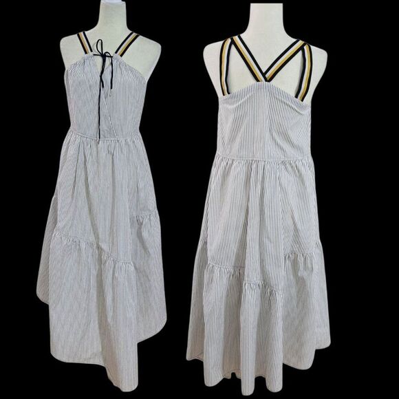Current Air Women Sleeveless Pin Stripped Tiered Midi Dress Travel Vacation Sz S - Picture 1 of 9